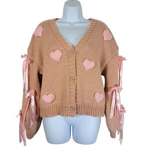 Threaded Leaf Heart Cardigan SzM Pink Bow Sleeve Coquette Cottagecore Sweater
